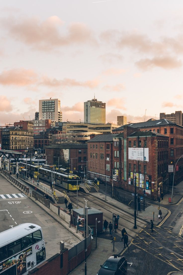 Manchester cityscape at sunset