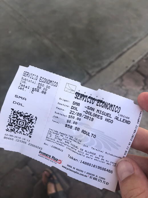 ticket for the bus to Dolores Hidalgo